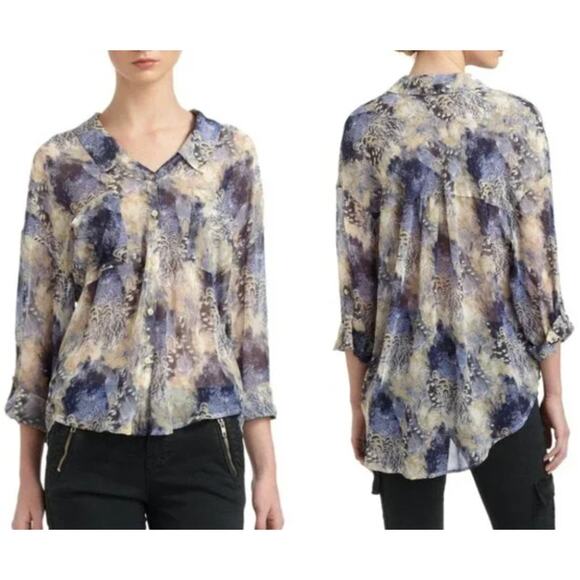 Free People Blouse XS Blue Beige Easy Rider Sheer Chiffon Button Up Top Boho - Picture 1 of 7